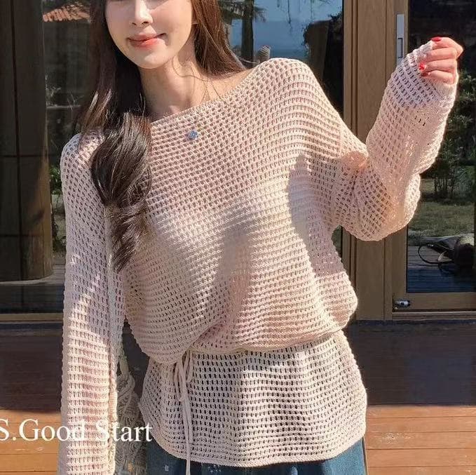 2025 summer early autumn new hollow thin round neck sweater loose fashion all-match sunscreen blouse long sleeve top