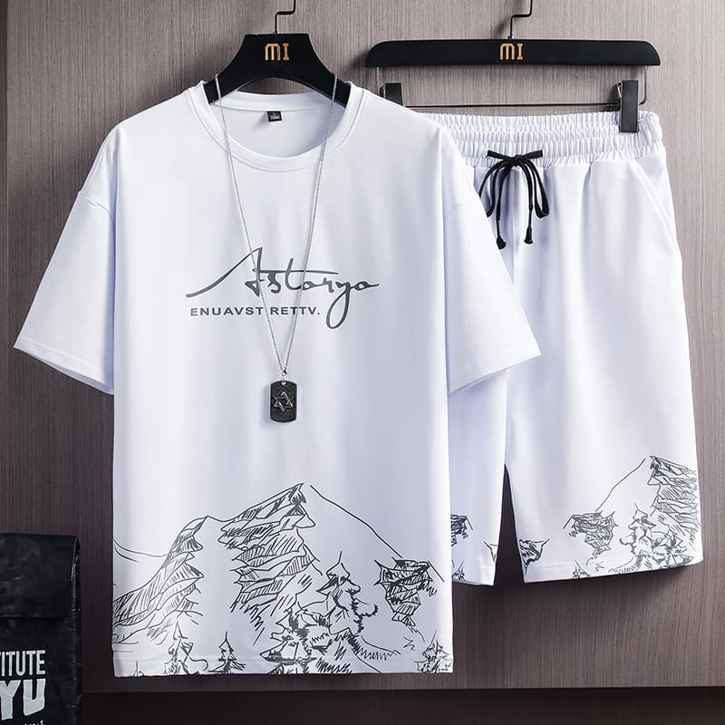 Short-Sleeved T-Shirt Suit Men's Summer New Snow Mountain Print Fashion Trendy Korean Style Slim Large Size Sports Two-Piece Set