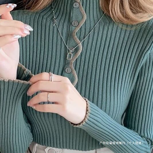 2024 New Autumn and Winter Half-High Round Neck Pure Color Pullover Women's Sweater Slim and Versatile Buttoned Knitted Bottoming Shirt