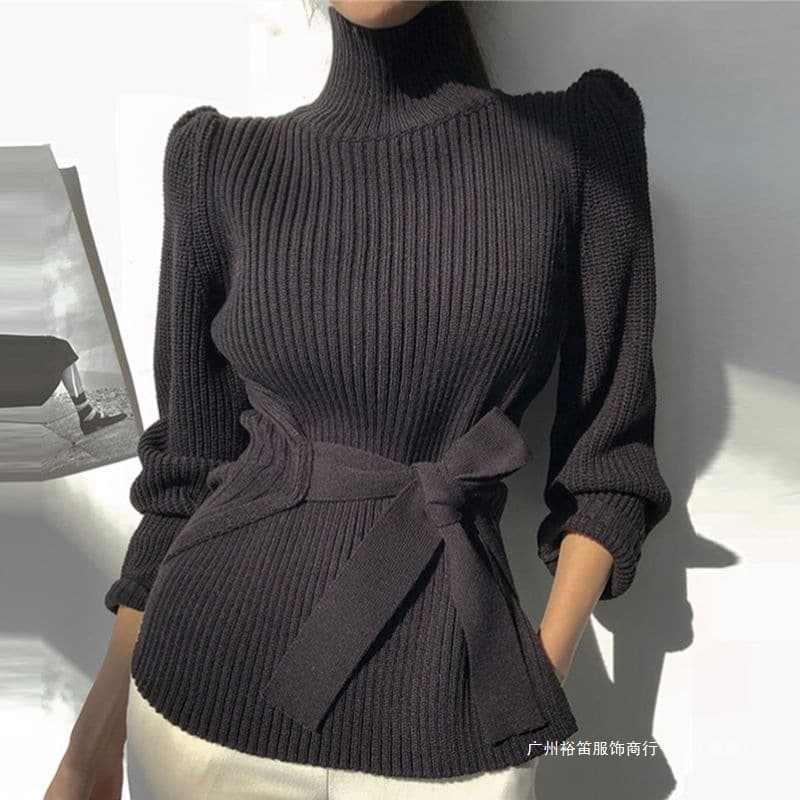 2021 Autumn/Winter Versatile Elegant Turtleneck Ribbed Slim Fit Waist-Cinching Knitted Sweater Pullover for Women