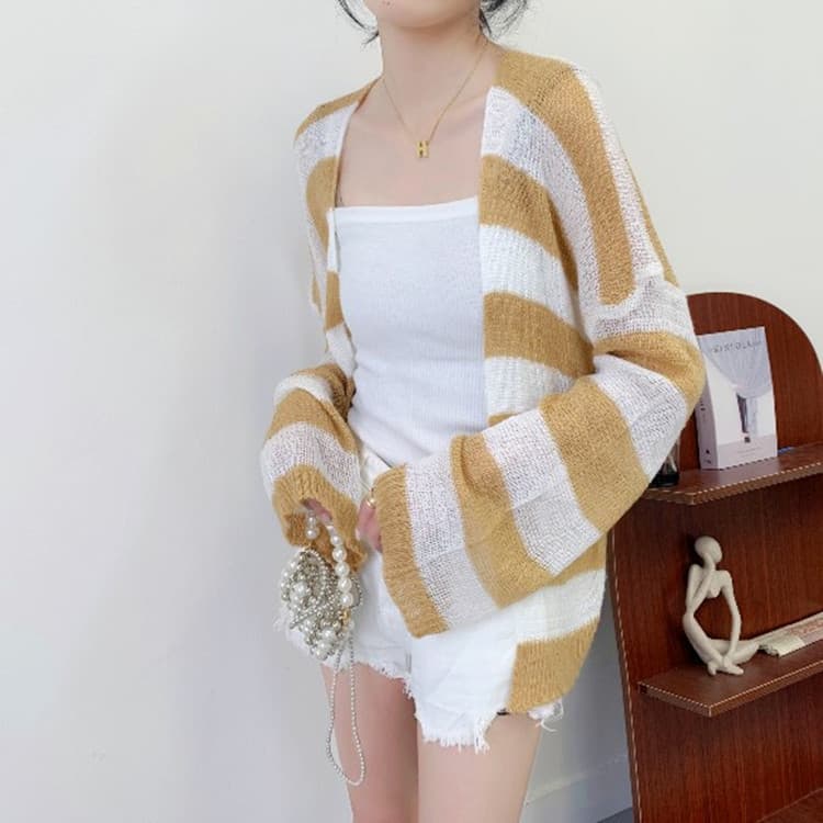 2024 Color-block New Korean-style Mohair Sunscreen Long-sleeved Loose Striped Sweater Cardigan Women's Top Jacket