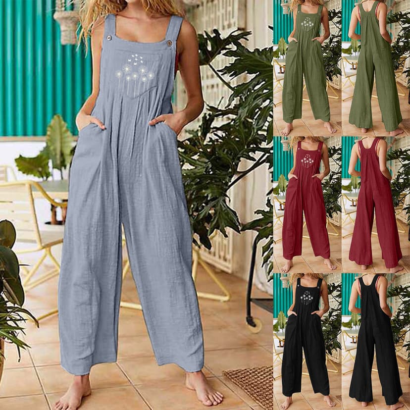 Amazon wish cross-border women's clothing European and American style spring and summer new women's loose dandelion printed women's suspender pants
