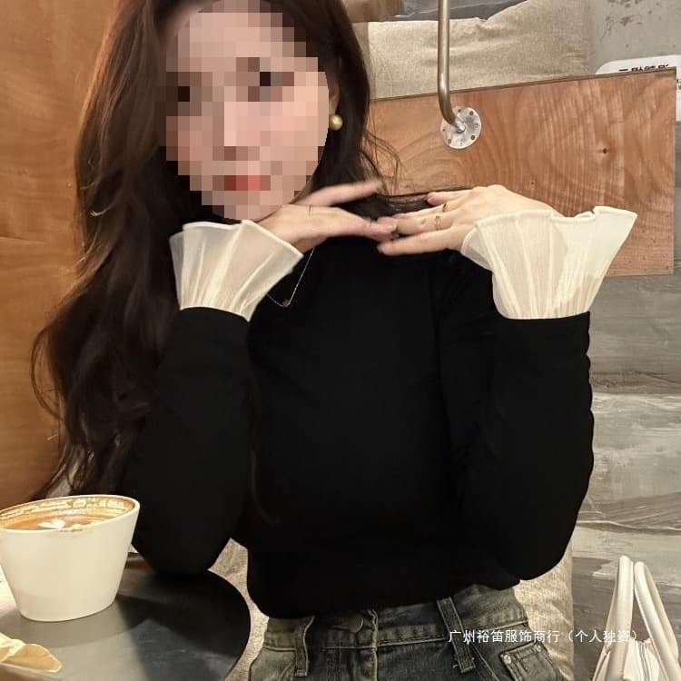 Pure Desire Lazy Style Black De Velvet Half Turtle Collar Bottoming Shirt Women's Autumn and Winter Design Flared Sleeves Slimming Inner Top