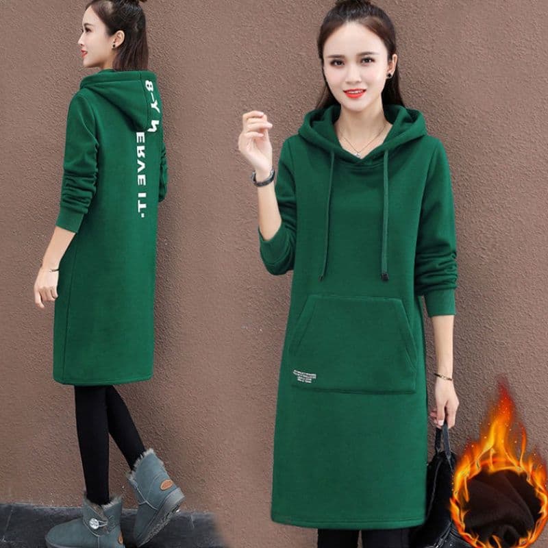 Fleece-lined thickened mid-length sweater for women 2023 autumn and winter New Korean style loose hooded over-the-knee coat dress