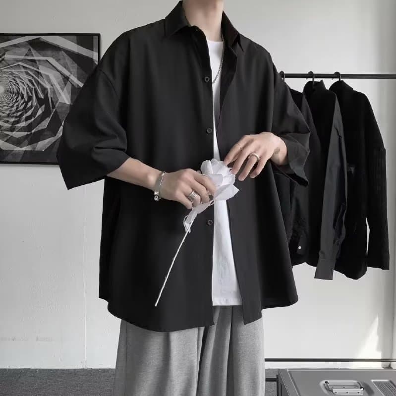 Ice Silk Short Sleeve Shirt Men's Summer Duffy Handsome Shirt Half Sleeve Draped Jacket Handsome Hong Kong Style Loose Casual Top