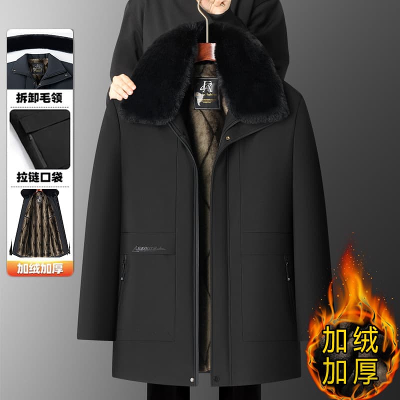 2024 Winter Dad fleece-lined Thickened Warm Cotton Coat Father Loose Cotton Coat Men's Middle-aged and Elderly Middle-aged and Long Cotton Coat