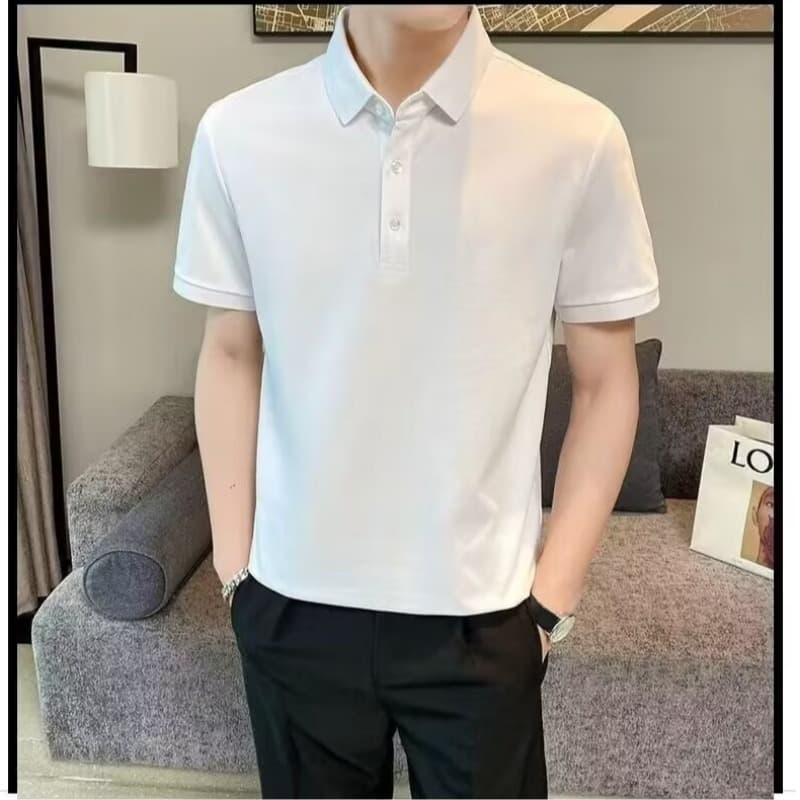 Summer Cool Milk Silk Simple Solid Color Top Men's Led Slim Look Light Mature Thin Short-sleeved T-shirt Polo Shirt