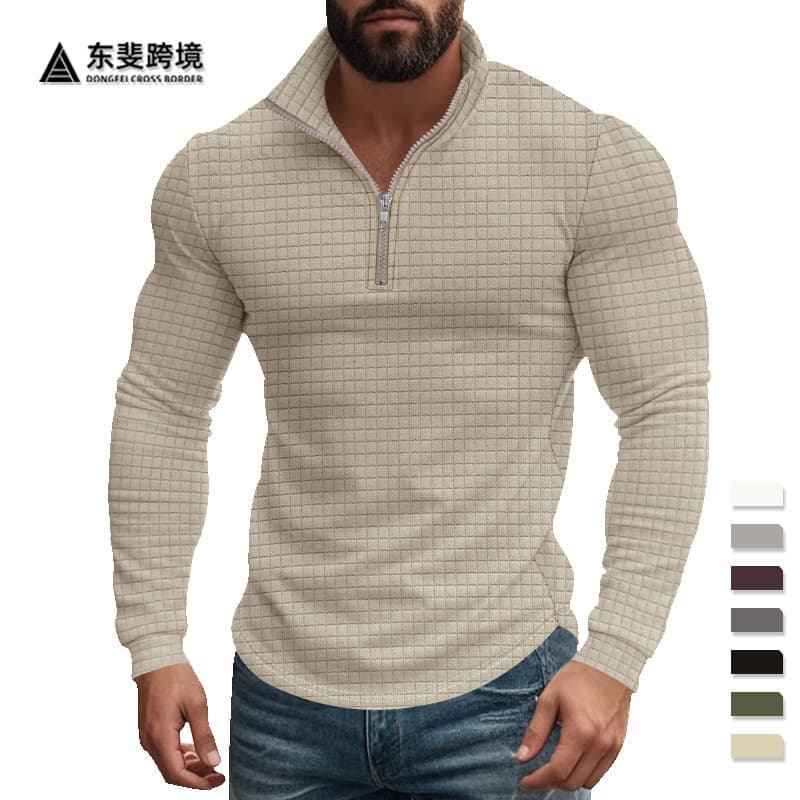 Cross-Border Men's Clothing, Spring and Autumn Style, Small Checkered Sweatshirt, Stand-Up Collar, Half-Zip, Long-Sleeved Jacquard Men's Top, Cross-Border Ready Stock