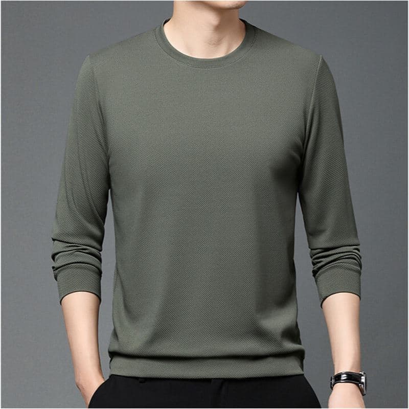 Autumn and Winter New Waffled Crewneck Long-sleeved T-shirt Men's Solid Color Casual All-match T-shirt Sweater Base Shirt for Men
