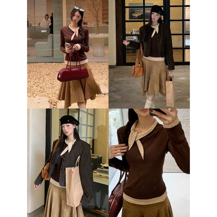 Brown Inner Layering Shirt 2025 Autum Long-Sleeved T-Shirt Fake Two-Piece American Retro Style Elegant Lady Work Clothing