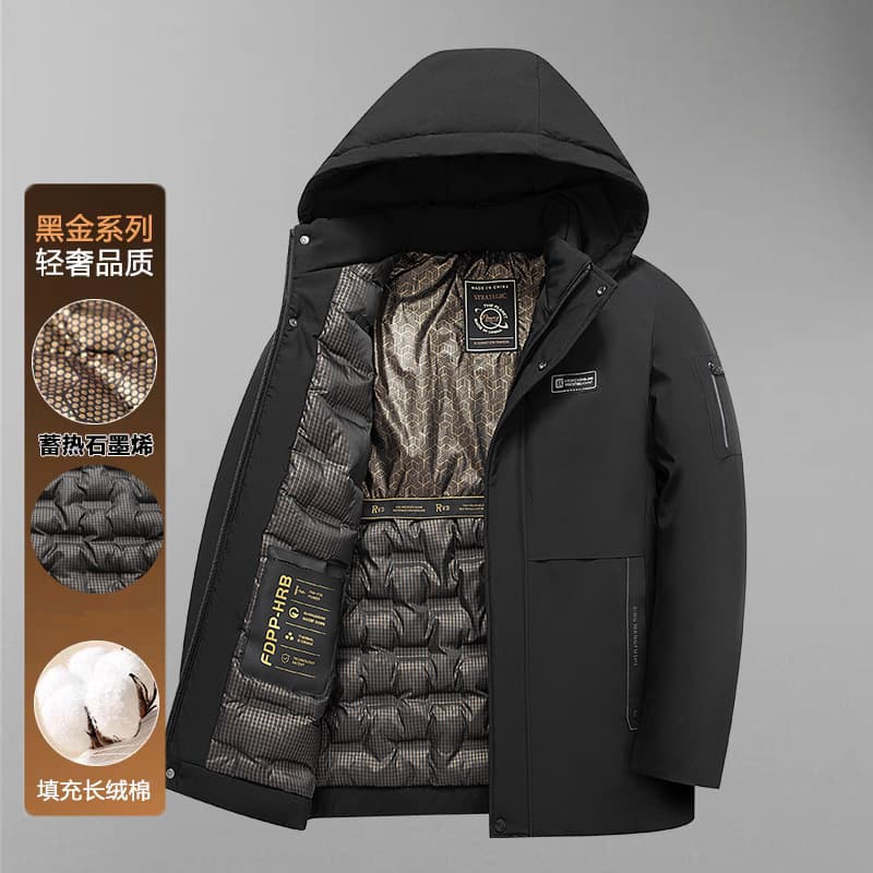 Men's Winter Detachable Hooded Mid-Length Cotton Coat for Middle-Aged and Elderly, Hooded, Padded, Thickened, Loose-Fitting Cotton Jacket