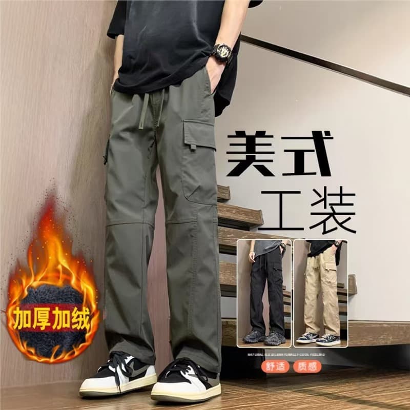 Fleece-Lined Sports Cross-Border Autumn and Winter Men's American Retro Cargo Pants Trendy Straight Outdoor Hiking Trousers