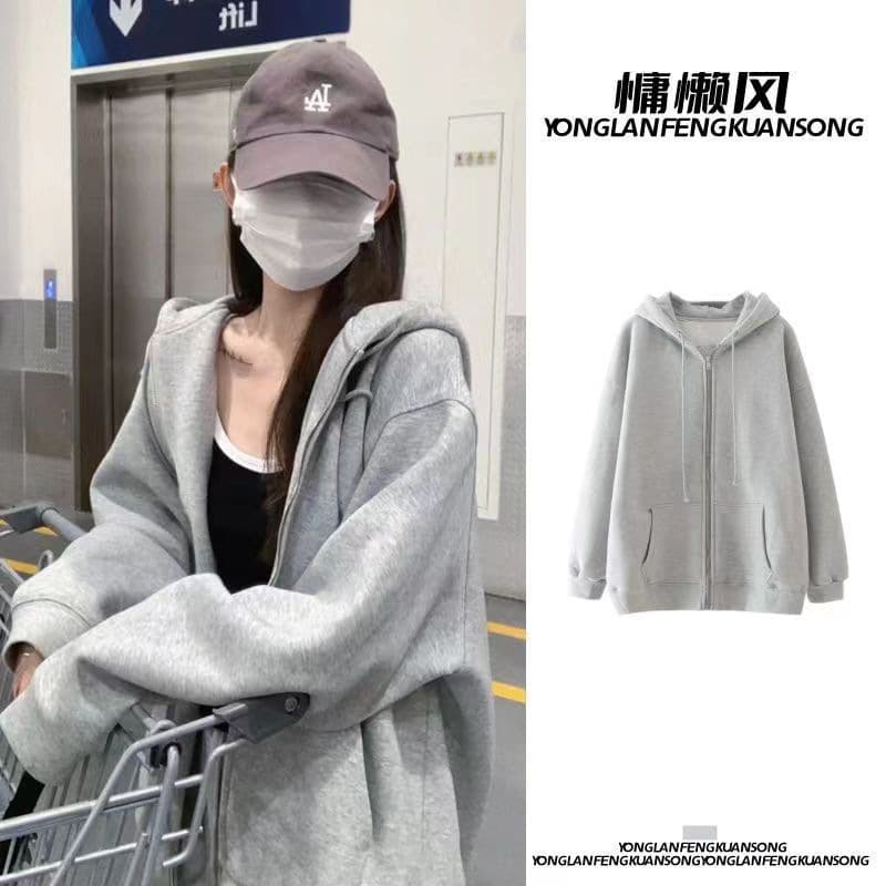 Spring and Autum Thin Korean Style Lazy Gray Sweatshirt Jacket Women's American Chic Loose Hooded Zipper Cardigan Top