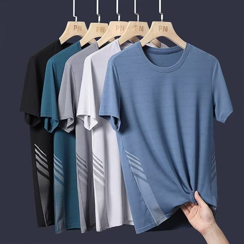 Ice Silk Short-Sleeved T-Shirt Men's Summer Thin Quick-Drying Mesh Sports Fitness Half-Sleeved Top Dad Summer Elastic T-Shirt