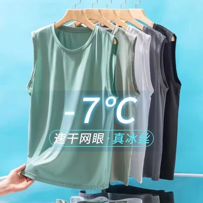 Summer Ice Silk Vest Men's Summer Quick-Drying Mesh Sleeveless T-Shirt Loose Large Size Round Neck Versatile Waistcoat Bottoming Shirt