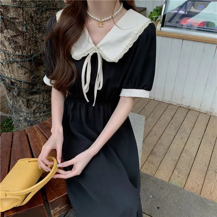 Summer 2025 New College Style Doll Collar Dress Women's French Retro Waist Slimming Look Mid-Length Skirt Trendy