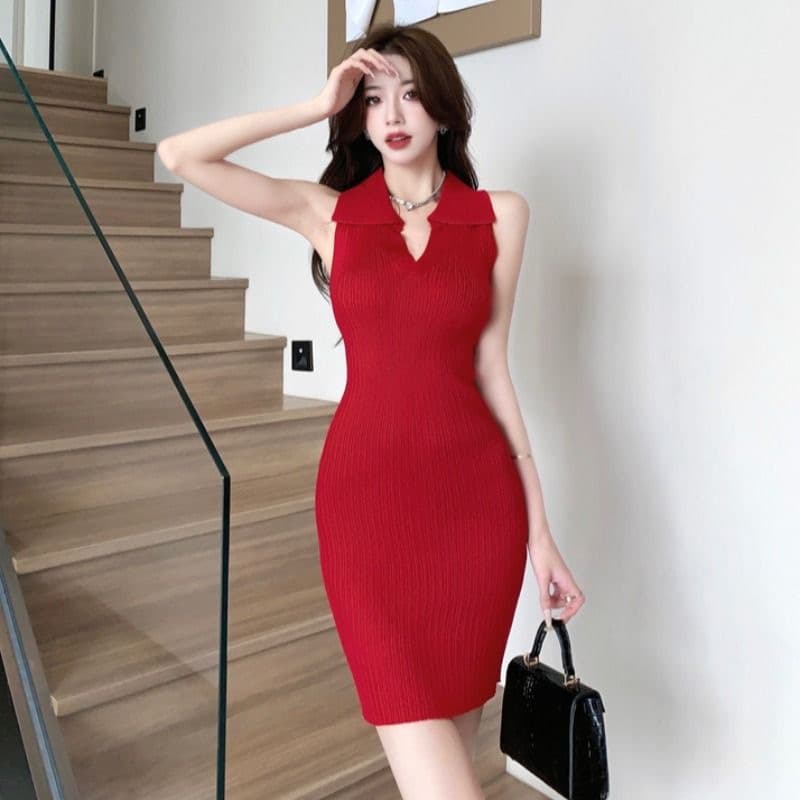 Cross-Border Retro Hong Kong Style Hot Girl Sexy Slim Hip-Hugging Short Skirt Royal Sister Sleeveless Vest Halterneck Knitted Dress