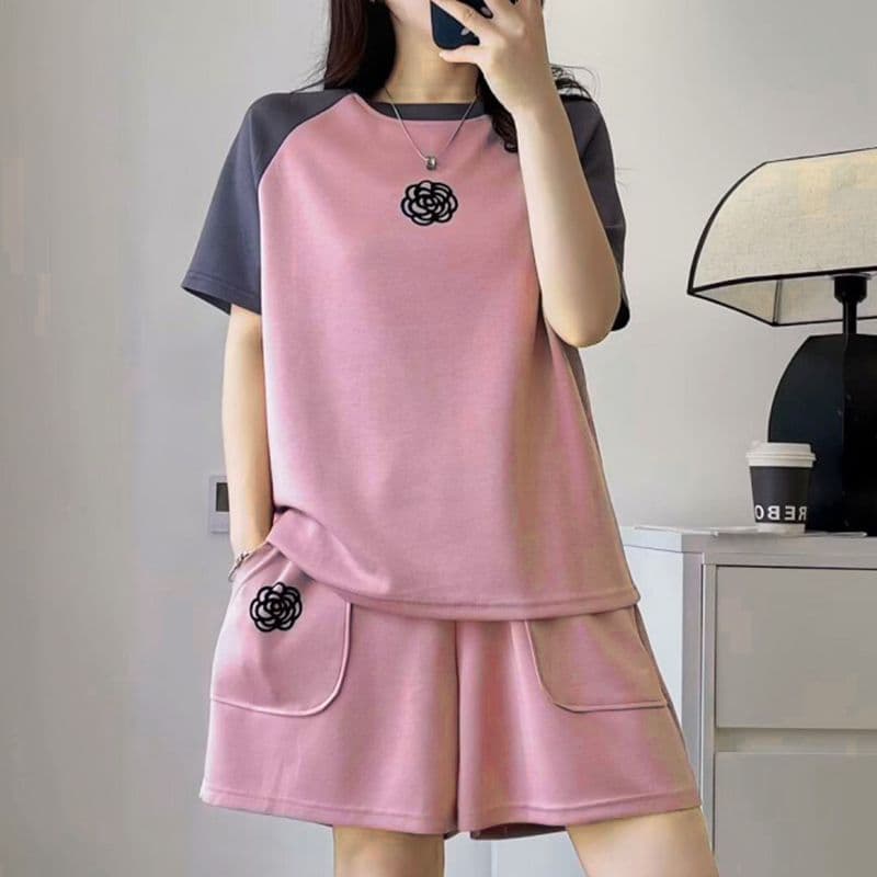 Cross-Border Summer New Short-Sleeved Shorts Casual Sports Suit Versatile Large Size Western Style Top Contrasting Color Two-Piece Set