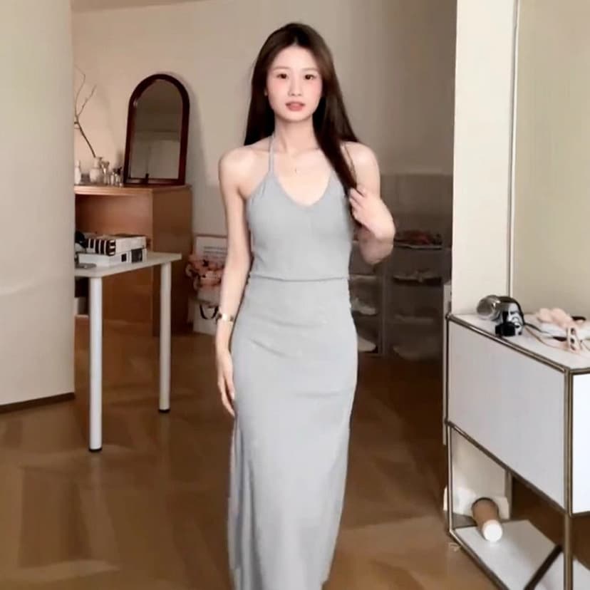 Pure Desire Style Halterneck Dress, Spring and Summer Niche Design Suspender Skirt for Small People, Slimming Look A-Line Skirt with Breast Pads