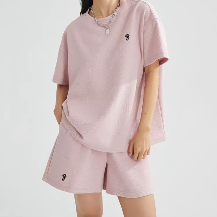 2025 New Sports Suit Imitation Cotton Waffle T-Shirt Shorts Suit Summer Versatile and Comfortable Short-Sleeved Two-Piece Set