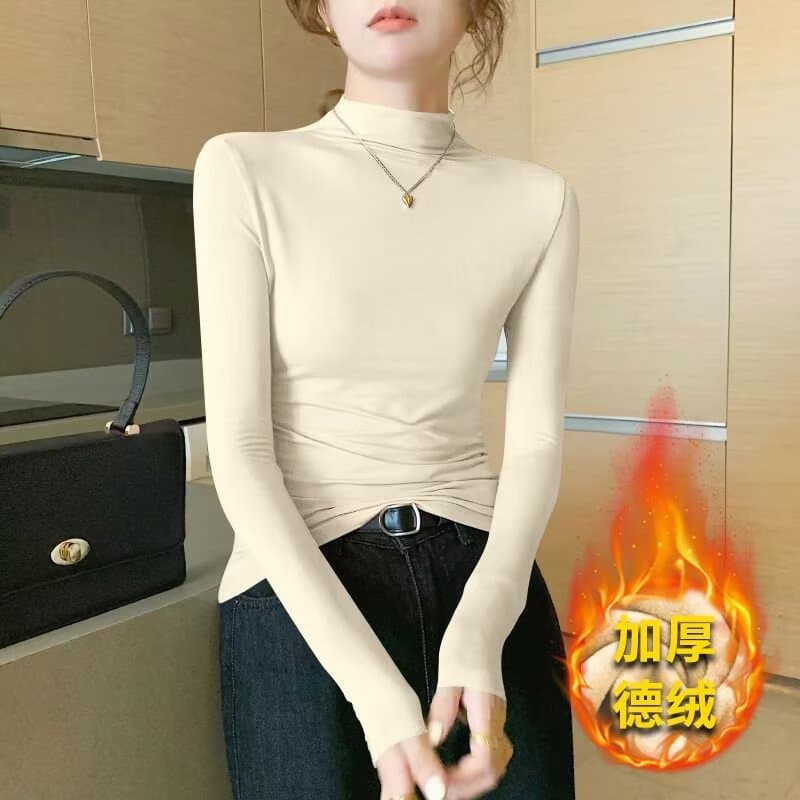 Half-high Collar Base Shirt Women's Autumn and Winter Inner Wearing Outer Wearing 2025 New Style Foreign-style Long-sleeved fleece-lined Black Top