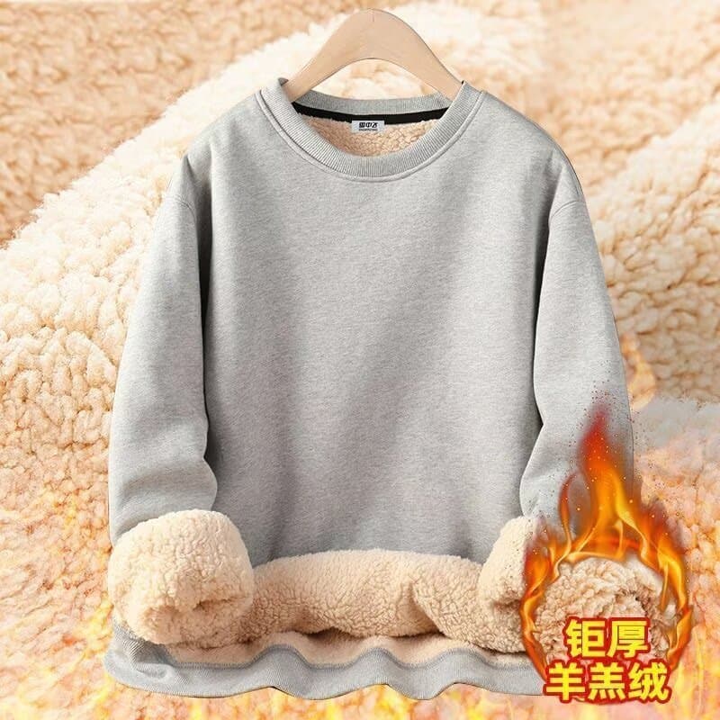 fleece-lined Solid Color Crewneck Sweater Men's Loose Long-sleeved T-shirt Winter Thickened Lamb Fleece Warm Top Base Shirt
