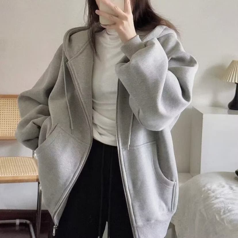 Coat Women and Men's Autumn and Winter Zipper Sweater 2024 Trendy Hat Solid Color Drawstring All-match fleece-lined Cardigan Top