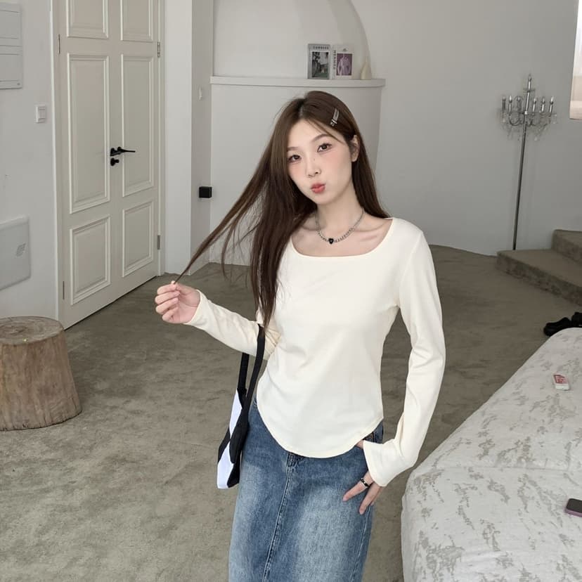 plus size chubby girl Shoulder Long Sleeve T-shirt Women's 2024 New Autumn Pure Irregular Square Neck Slim Short Top