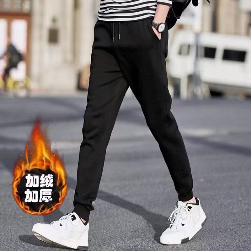 Autumn and Winter Men's fleece-lined Sweatpants Sports Pants Men's Youth Casual Pants Leg-toe Loose Cropped Pants Men's Trendy