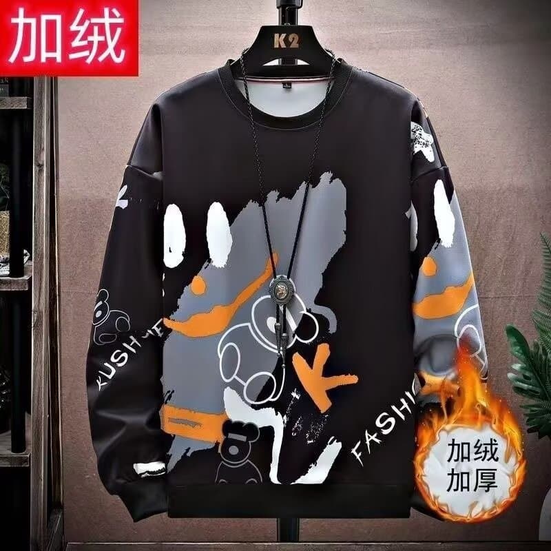 Fleece-Lined Crew Neck Sweatshirt for Male Students, Fashionable Spring and Autumn Style, Warm Pullover for Teenagers
