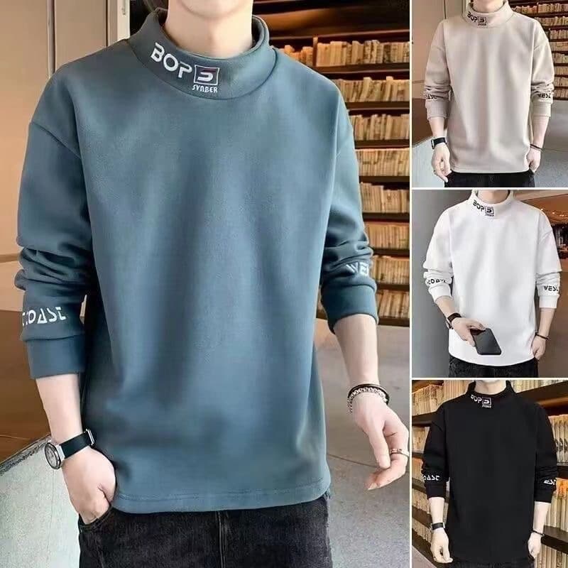 Autumn and Winter Half Turtleneck Sweatshirt for Men, Velvet Loose and Versatile Bottoming Shirt, Double-Sided German Velvet Stand-Up Collar, Long-Sleeved T-Shirt for Men
