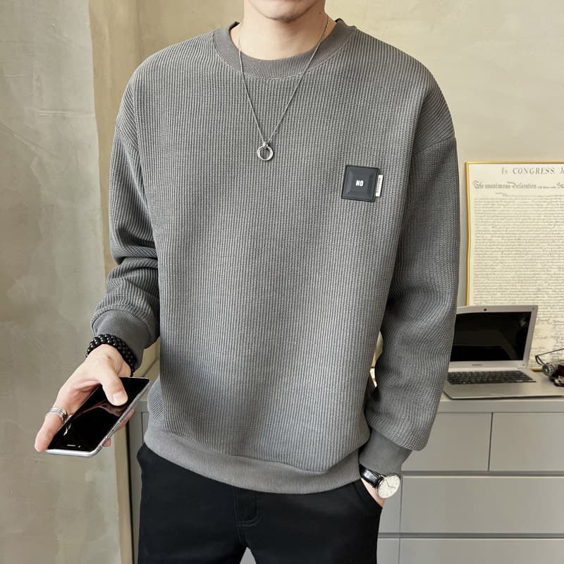 Waffled Texture Sweater Men's Spring and Autumn Solid Color 2024 New Fashionable Loose Round Neck Casual Men's Base Shirt