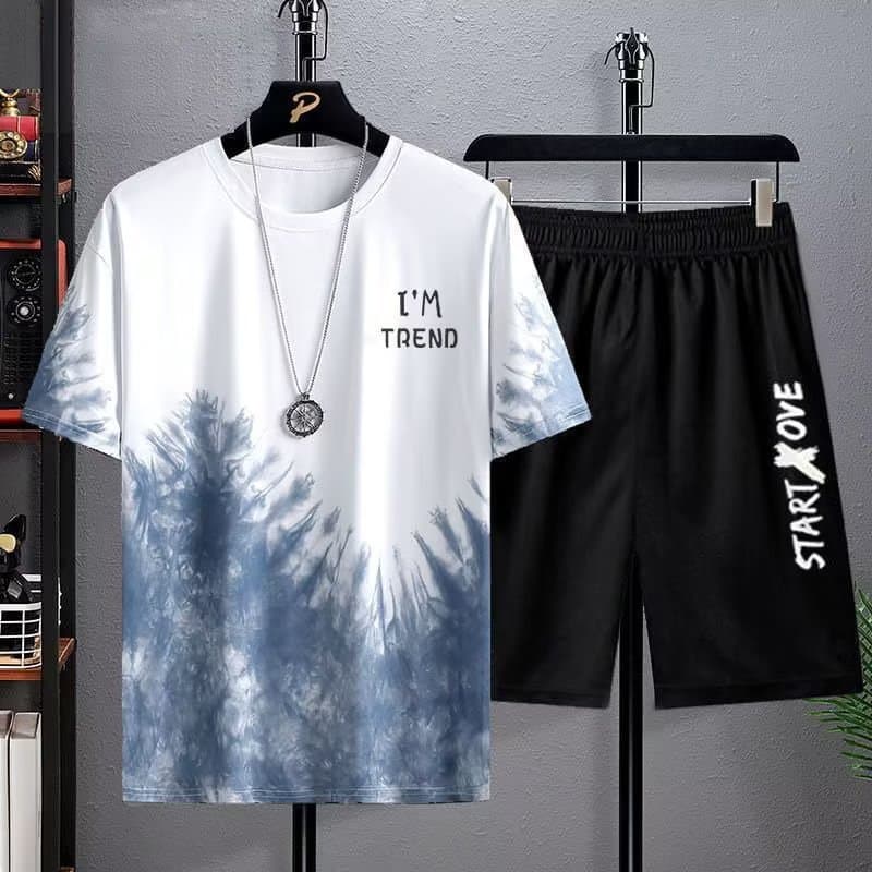 Ice Silk Short-Sleeved T-Shirt Suit for Men, Large Size, Teenagers, 2023 New Summer Casual Clothes t Casual Suit