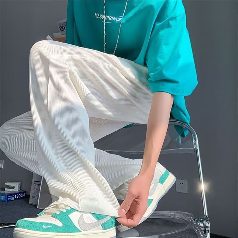 Men's Summer Thin Ice Silk Pants Trendy Versatile Stylish Sports Loose Straight Large Size Drapey Wide-Leg Casual Pants