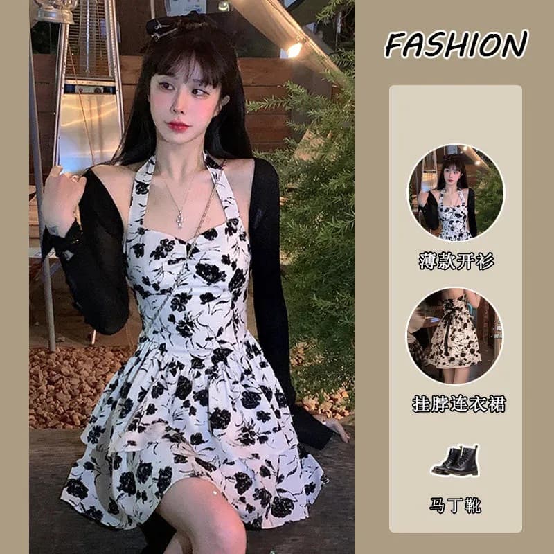 Sweet and Spicy Style Elegant Backless Lace-up Floral Neck dress suit Women's Summer New Thin Outer Sunscreen Cardigan