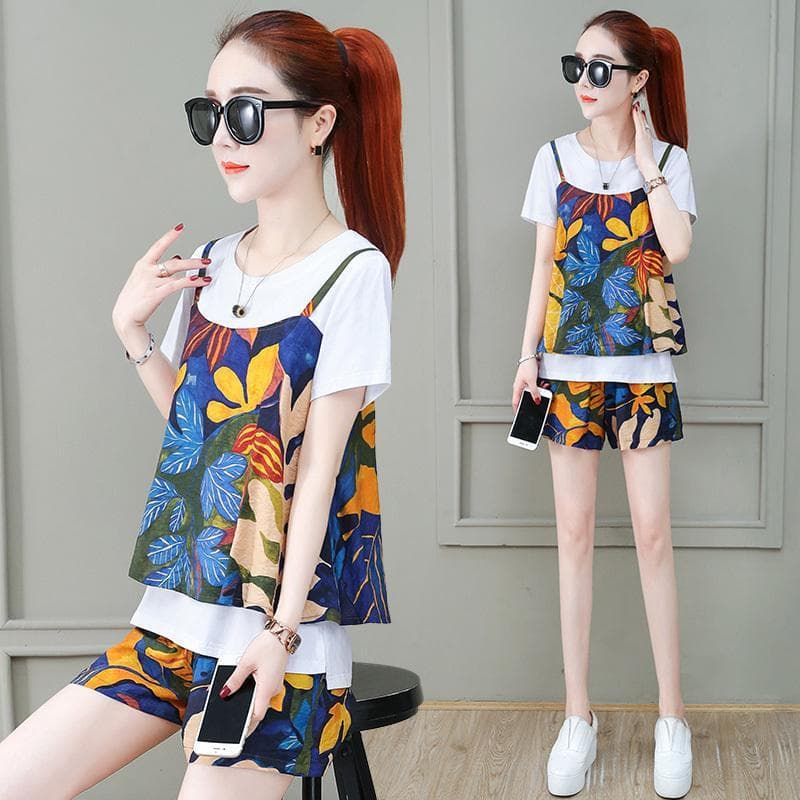 2025 Summer plus size Women's Loose T-shirt Floral Fashion suit Slimming Short-sleeved Shorts Two-piece Set