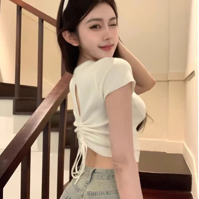 Drawstring Backless Hollow Short-sleeved T-shirt Summer New Spice Girl Short Top