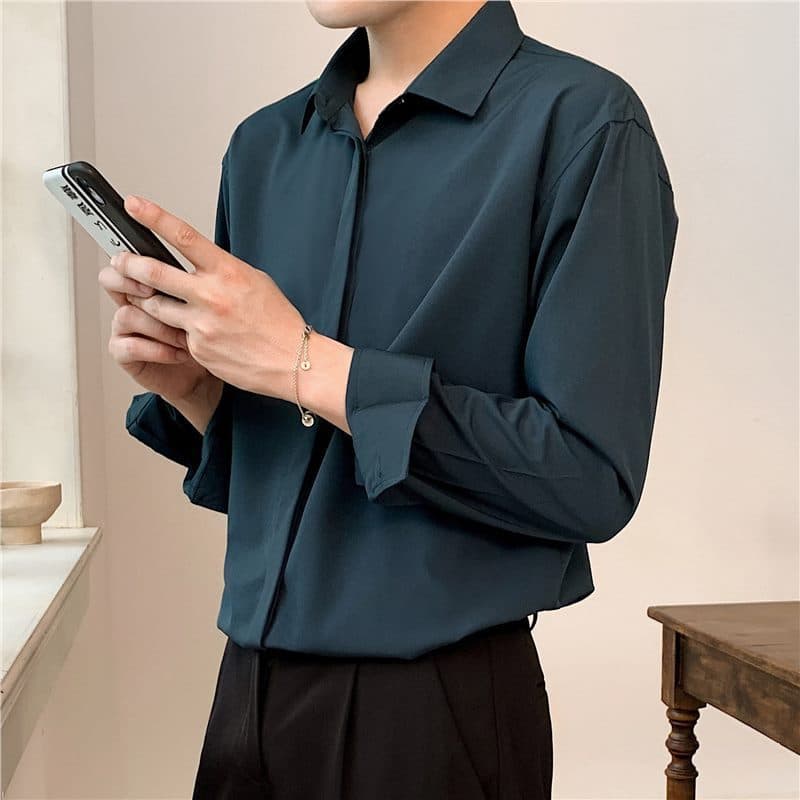 Draped Ironing Loose Solid Color White Shirt Men's Light Mature Ripper Handsome Teenagers Korean Style Casual Long Sleeve Base Shirt