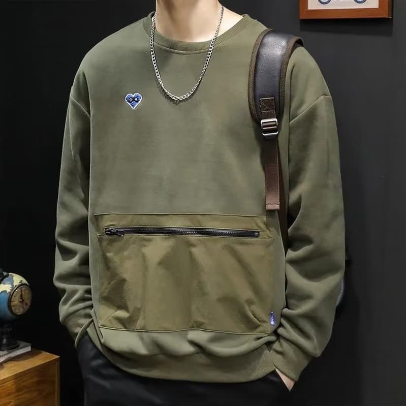 Spring and Autumn New Round Neck Sweatshirt Men's Pocket Zipper Plus Fat Plus Loose plus size Men's Niche Long-sleeved Trendy Top