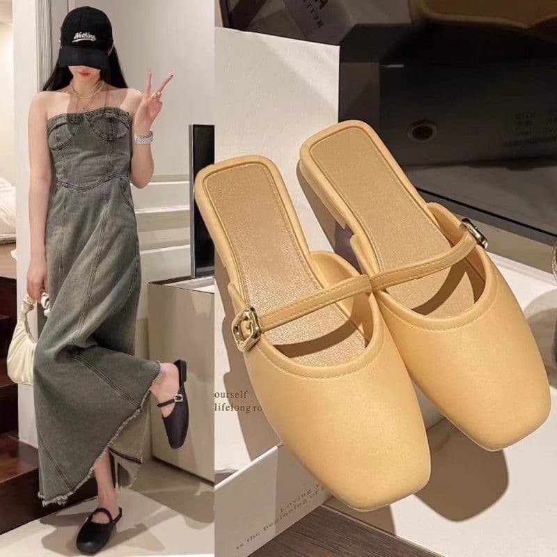 Flat Toe-Cap Mary Jane Sandals 2025 New Sequined Low-Heeled Elegant Sandals with Skirt and Half Slippers for Women