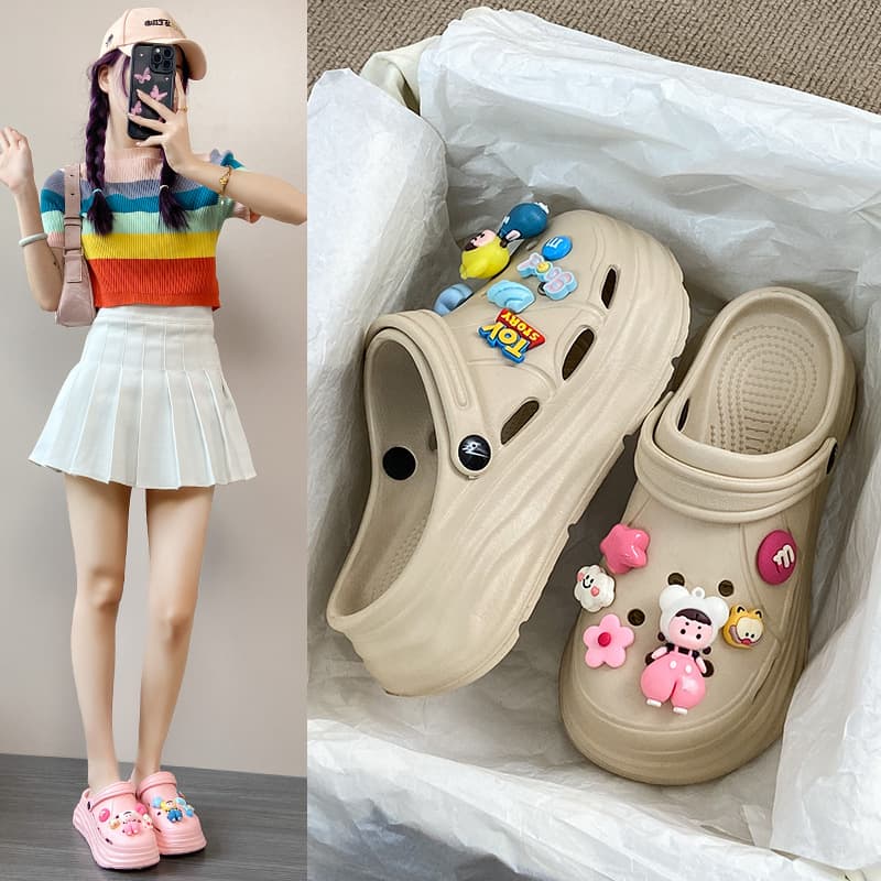 LR1602 Summer EVA Elevated 2025 New Style Outer Wear Solid Color Cartoon Home Slippers Mori Hole Shoes Women