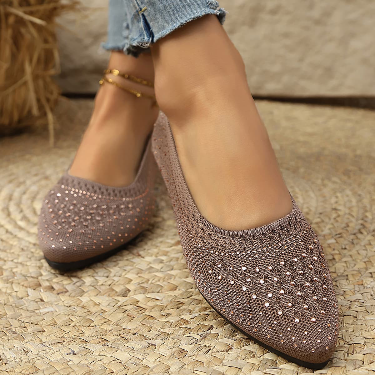 Single Shoes Women's Pointed Flat 2025 New Spring All-match Woven Soft Bottom Comfortable Hot Drilling Women's Shoes Daily Egg Roll Shoes