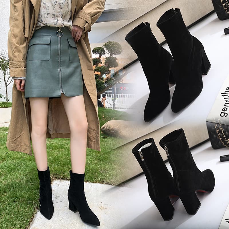 Boots Women's Shoes 2025 New Korean Style Autumn and Winter Mid-Tube Pointed Toe Thick Heel Short Boots Women's High Heels Women's Elastic Boots Women