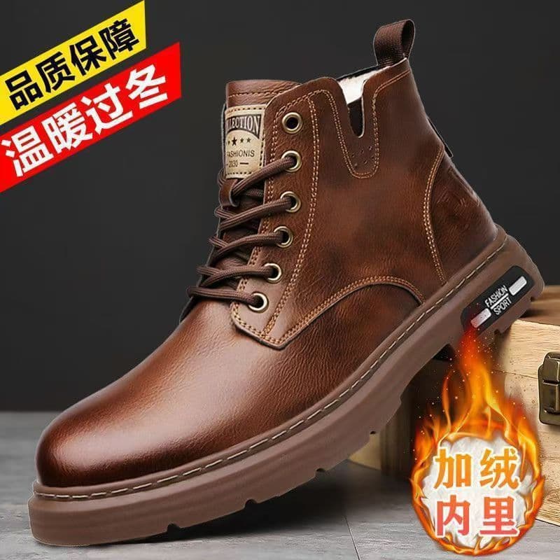 Boots Men's 2025 Winter Velvet Warm High-Top Leather Cotton Shoes Trendyy Versatile Retro British Style Men's Shoes