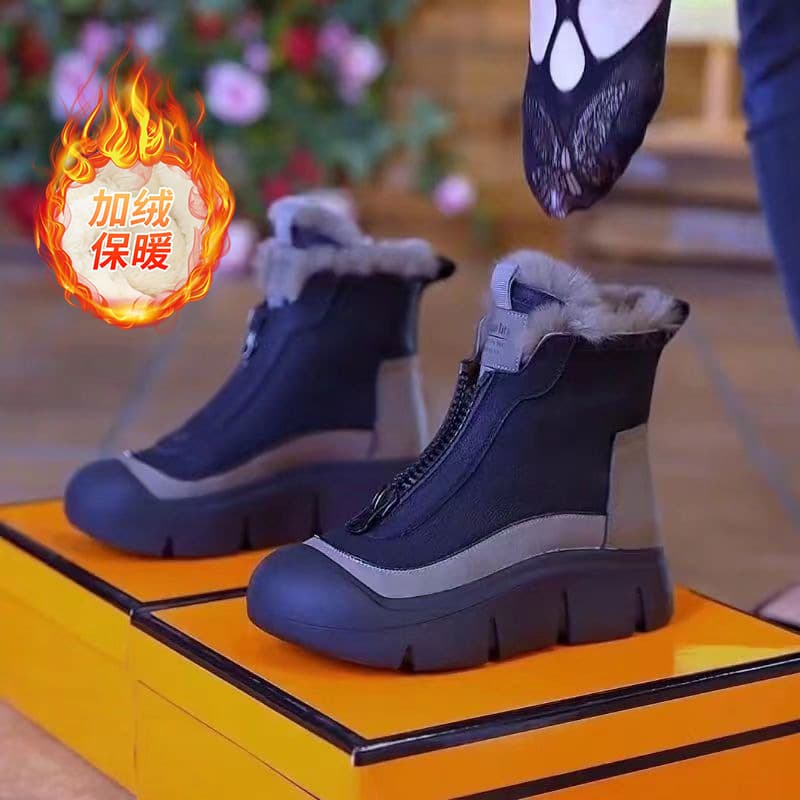 2025 New Winter Fashion Women's Thick-Soled Boots Snow Cotton Shoes Fleece-Lined Warm Casual Front Zipper High-Top Shoes