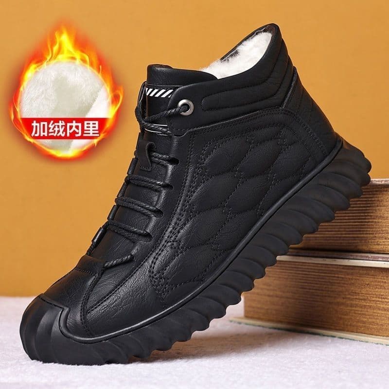 Men's Snow Boots with Plush Lining, Warm High-Top Casual Leather Shoes, Soft-Soled Sports Casual Shoes, Versatile and Fashionable Winter Cotton Shoes