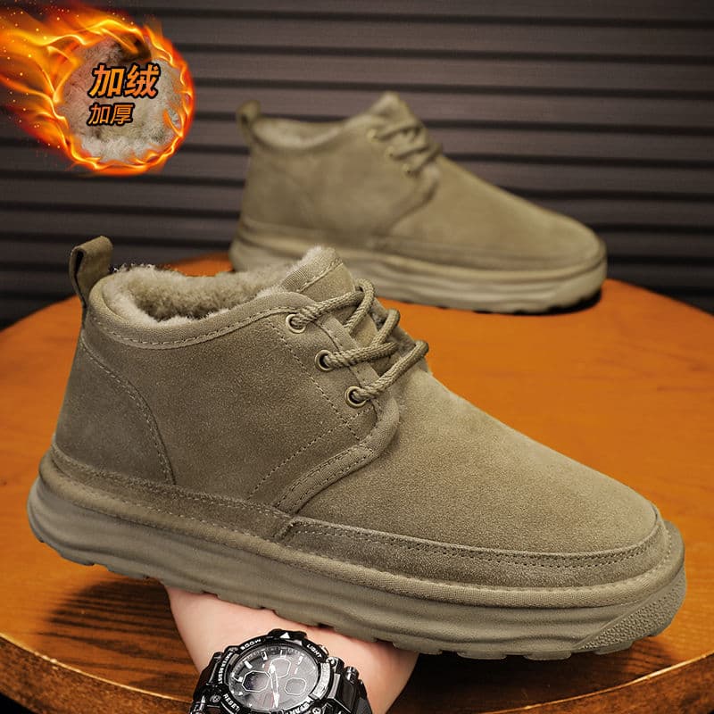 Men's Snow Boots for Autumn and Winter, Integrated Leather and Fur, Fleece-Lined, Warm Mid-Top Cotton Shoes, Thickened, Fashionable Casual Loafers, Work Shoes