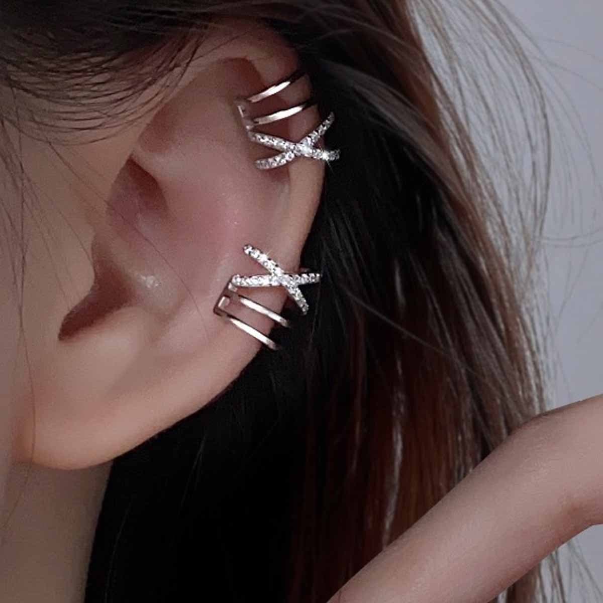 New Double-Layer Line Ear Clip for Women, High-End Niche Design Ear Bone Clip Cross Pierced Earrings Gold Silver