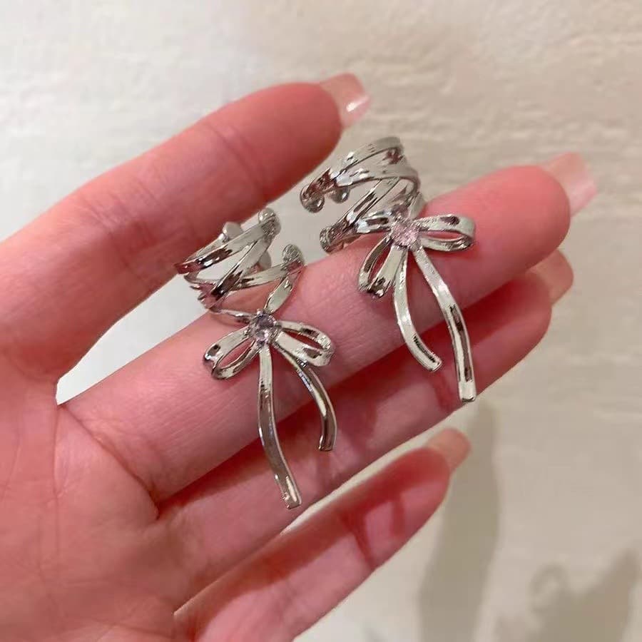 Ribbon Aesthetics | New Hollow Cross Ear Clip Cool Ballet Style Ribbon Bow Earrings Women's New Year Gift