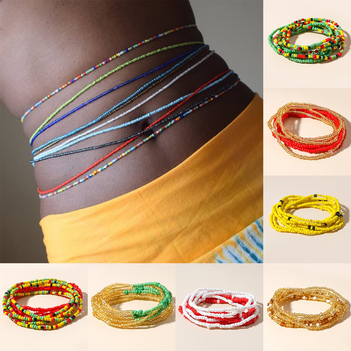 European and American Cross-Border Hot Selling Summer Beach Hand-Woven Colorful Rice Bead Waist Chain Bohemian Retro Body Chain